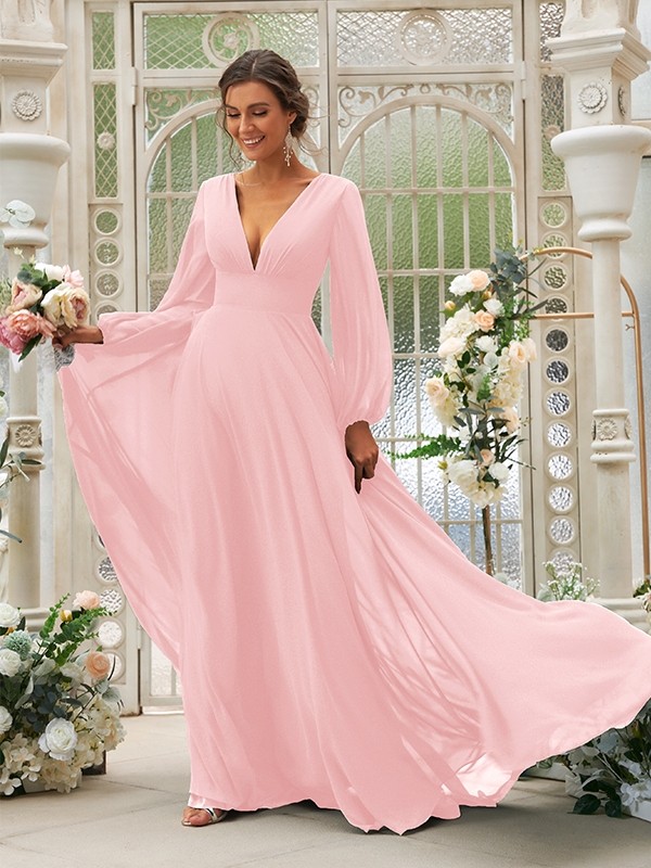 A-Line/Princess Chiffon Ruffles V-neck Long Sleeves Sweep/Brush Train Bridesmaid Dresses 2219