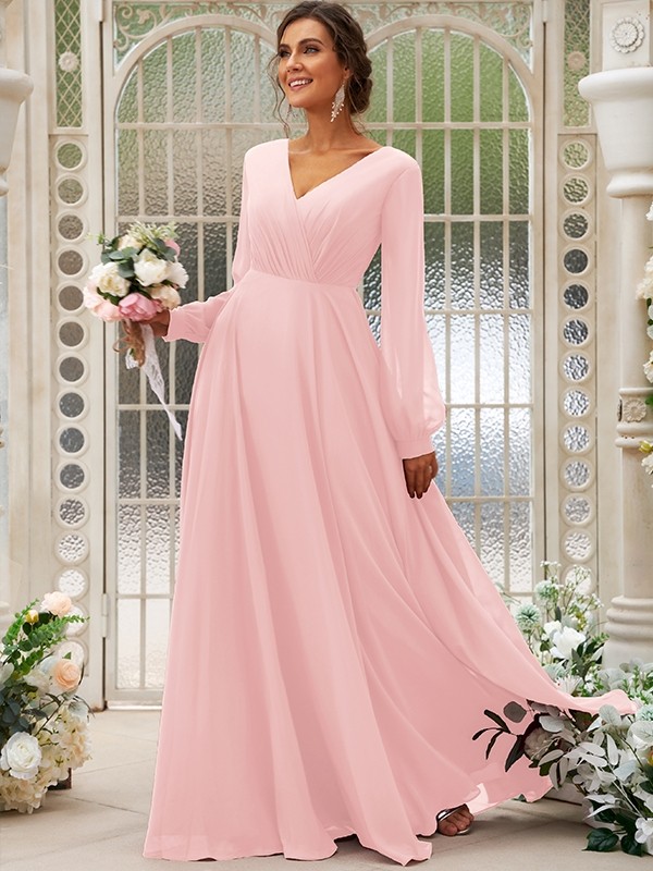 A-Line/Princess Chiffon Ruched V-neck Long Sleeves Floor-Length Bridesmaid Dresses 2169