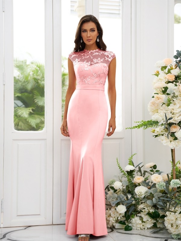 Trumpet/Mermaid Stretch Crepe Applique High Neck Sleeveless Floor-Length Bridesmaid Dresses 3243