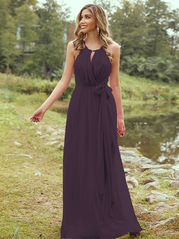 A-Line/Princess Chiffon Ruffles Halter Sleeveless Sweep/Brush Train Bridesmaid Dresses 2196