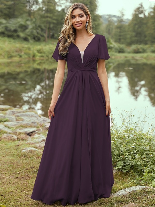 A-Line/Princess Chiffon Ruffles V-neck Short Sleeves Floor-Length Bridesmaid Dresses 2223