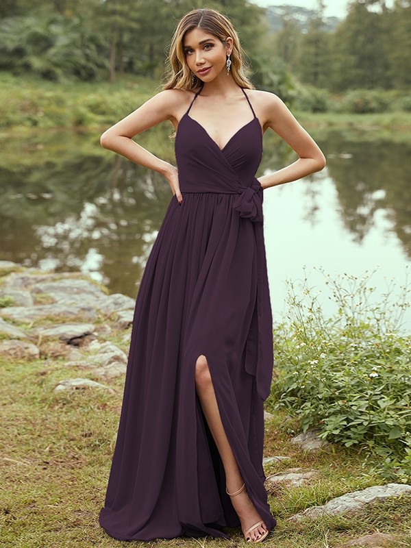 A-Line/Princess Chiffon Ruffles V-neck Sleeveless Sweep/Brush Train Bridesmaid Dresses 2246