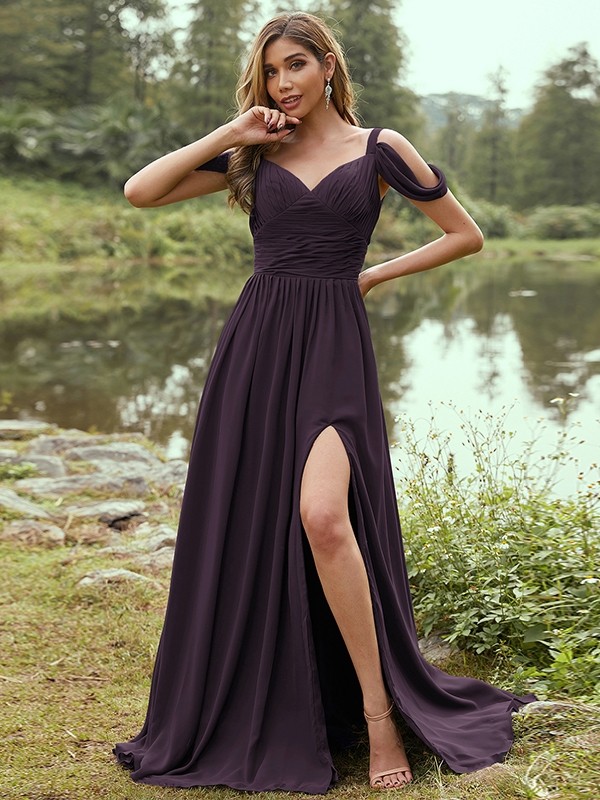 A-Line/Princess Chiffon Ruched V-neck Sleeveless Sweep/Brush Train Bridesmaid Dresses 2189