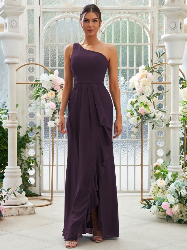 Sheath/Column Chiffon Ruffles One-Shoulder Sleeveless Floor-Length Bridesmaid Dresses 2914