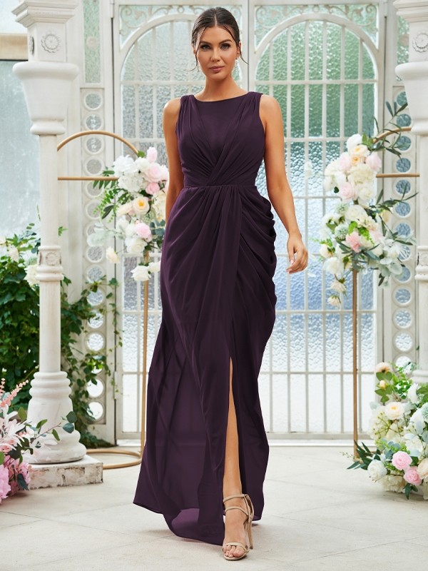 Sheath/Column Chiffon Ruched Scoop Sleeveless Floor-Length Bridesmaid Dresses 2904