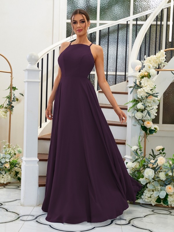 A-Line/Princess Chiffon Ruffles Halter Sleeveless Floor-Length Bridesmaid Dresses 2195