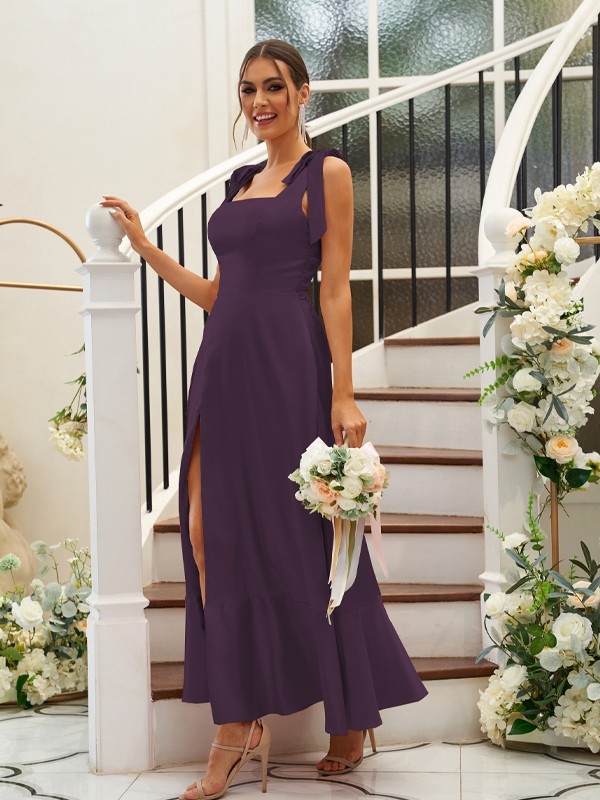 A-Line/Princess Silk like Satin Ruffles Straps Sleeveless Ankle-Length Bridesmaid Dresses 2486