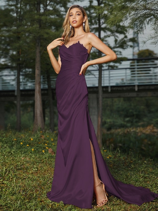 Sheath/Column Silk like Satin Ruched Sweetheart Sleeveless Sweep/Brush Train Bridesmaid Dresses 3078