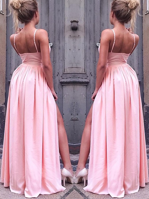 A-Line/Princess Sleeveless Straps Floor-Length Ruched Stretch Crepe Dresses 2518