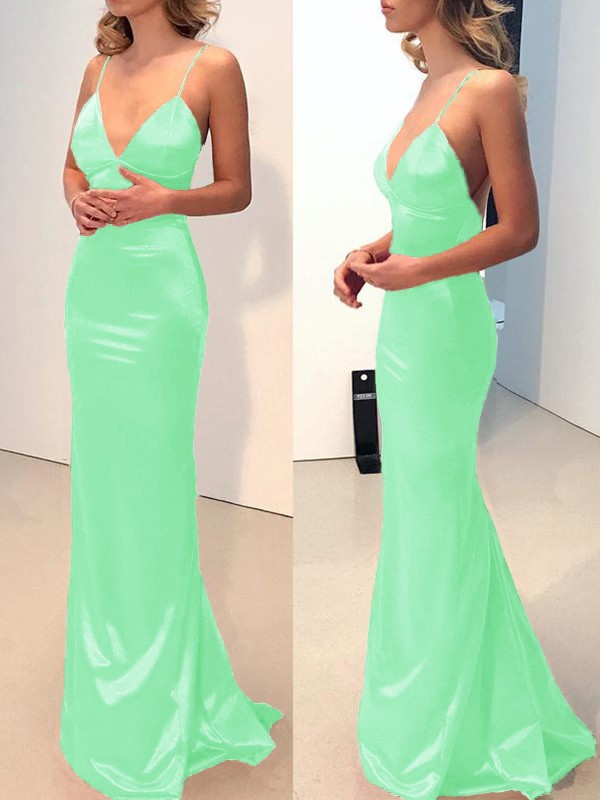 Sheath/Column Spaghetti Straps V-neck Sweep/Brush Train Elastic Woven Satin Dresses 3113