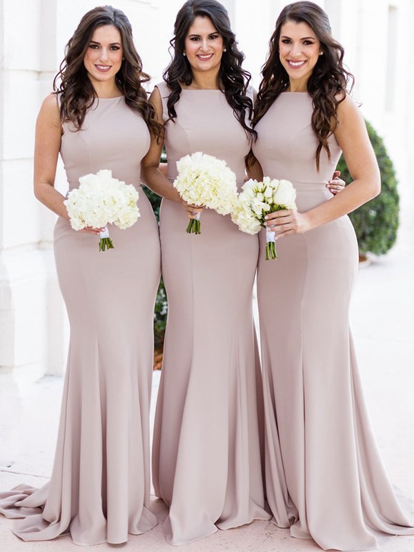 Sheath/Column Sleeveless Sheer Neck Sweep/Brush Train Stretch Crepe Bridesmaid Dresses 3103