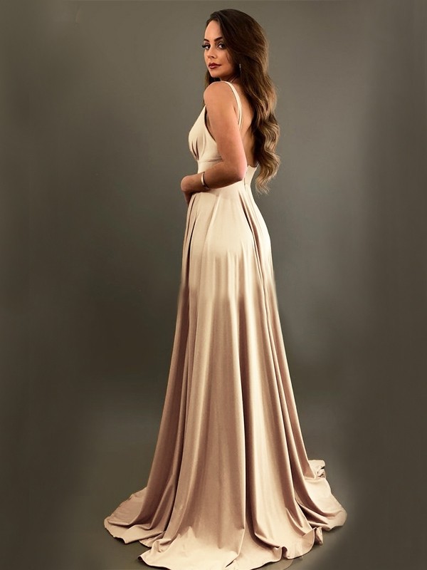 A-Line/Princess Sleeveless V-neck Sweep/Brush Train Ruffles Jersey Bridesmaid Dresses 2535