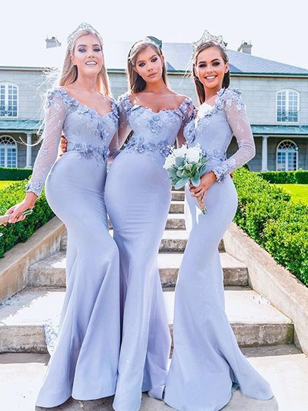 Trumpet/Mermaid Elastic Woven Satin Applique Off-the-Shoulder Long Sleeves Floor-Length Bridesmaid Dresses 3244