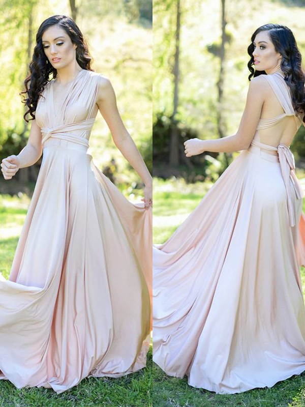 A-Line/Princess Jersey Ruffles V-neck Sleeveless Floor-Length Bridesmaid Dresses 2493