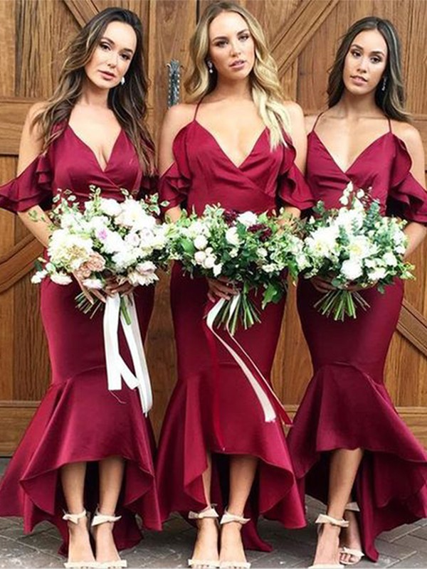 Trumpet/Mermaid Elastic Woven Satin Ruffles Spaghetti Straps Sleeveless Asymmetrical Bridesmaid Dresses 3245