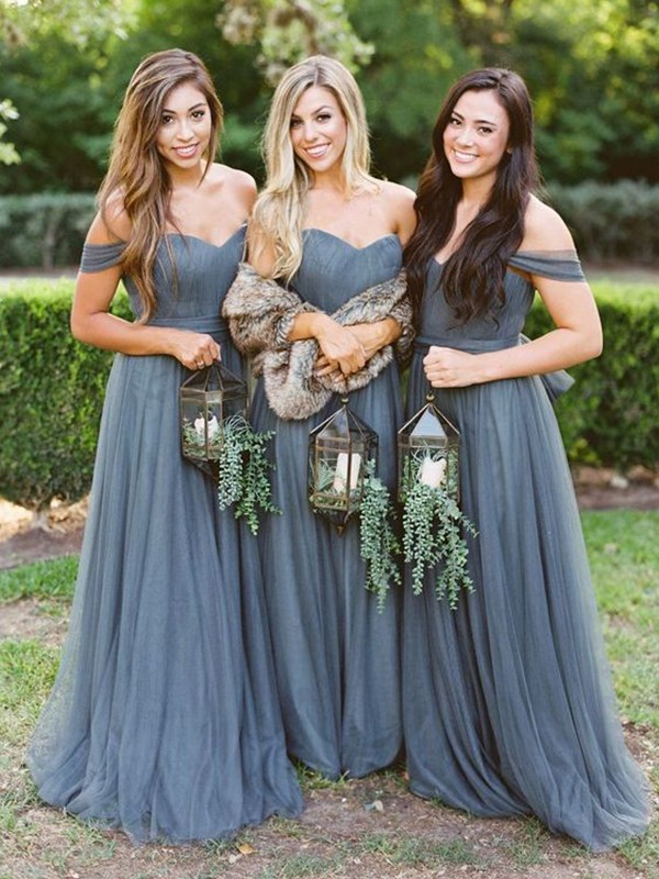 A-Line/Princess Floor-Length Tulle Ruffles Off-the-Shoulder Sleeveless Bridesmaid Dresses 2262