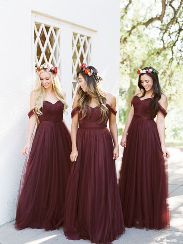 A-Line/Princess Tulle Ruffles Off-the-Shoulder Sleeveless Floor-Length Bridesmaid Dresses 2769