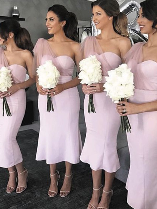 Sheath/Column One-Shoulder Stretch Crepe Ruffles Sleeveless Tea-Length Bridesmaid Dresses 2994