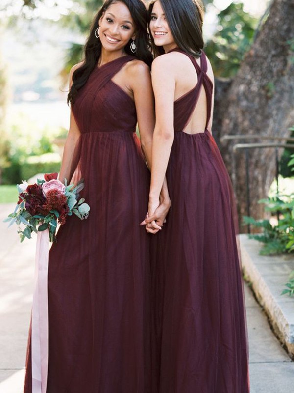 A-Line/Princess Floor-Length Halter Tulle Sleeveless Ruffles Bridesmaid Dresses 2261