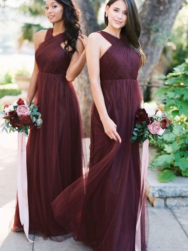 A-Line/Princess Floor-Length Halter Tulle Sleeveless Ruffles Bridesmaid Dresses 2261