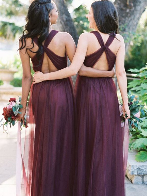 A-Line/Princess Floor-Length Halter Tulle Sleeveless Ruffles Bridesmaid Dresses 2261