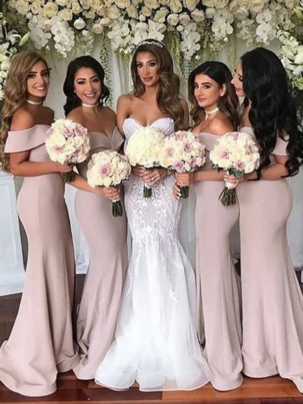 Trumpet/Mermaid Stretch Crepe Ruffles Off-the-Shoulder Sleeveless Sweep/Brush Train Bridesmaid Dresses 3290