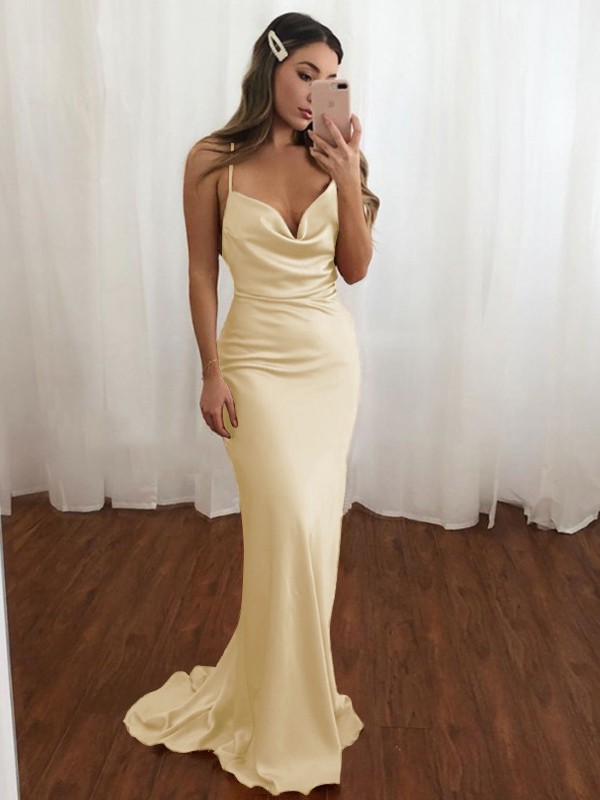 Sheath/Column Spaghetti Straps Ruched Sleeveless NS Elastic Woven Satin Sweep/Brush Train Dresses 3110