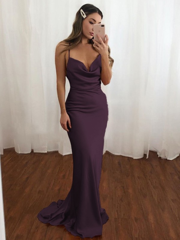 Sheath/Column Spaghetti Straps Ruched Sleeveless NS Elastic Woven Satin Sweep/Brush Train Dresses 3110