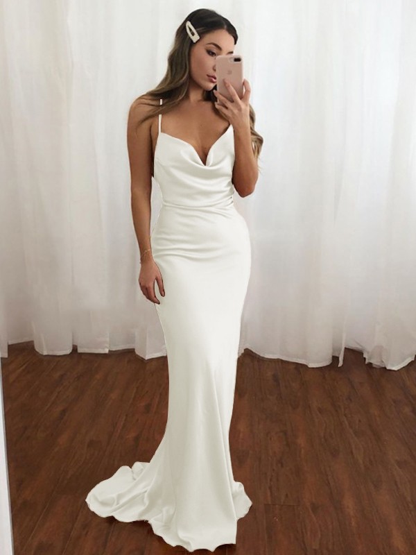 Sheath/Column Spaghetti Straps Ruched Sleeveless NS Elastic Woven Satin Sweep/Brush Train Dresses 3110