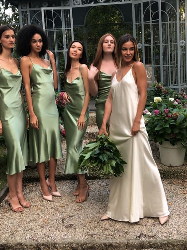 Sheath/Column Spaghetti Straps Ruched Silk Like Satin Sleeveless Tea-Length Bridesmaid Dresses 3107