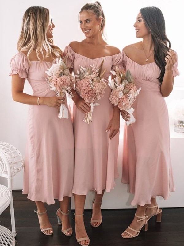 A-Line/Princess Sweetheart Chiffon Ruched Short Sleeves Tea-Length Bridesmaid Dresses 2723