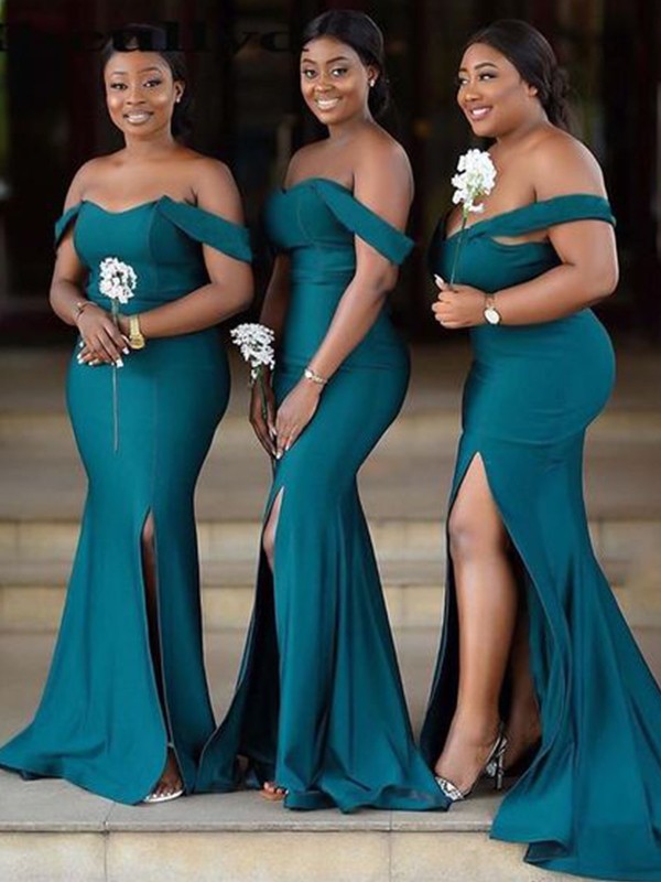 Sheath/Column Off-the-Shoulder Jersey Sleeveless Ruched Sweep/Brush Train Bridesmaid Dresses 2982