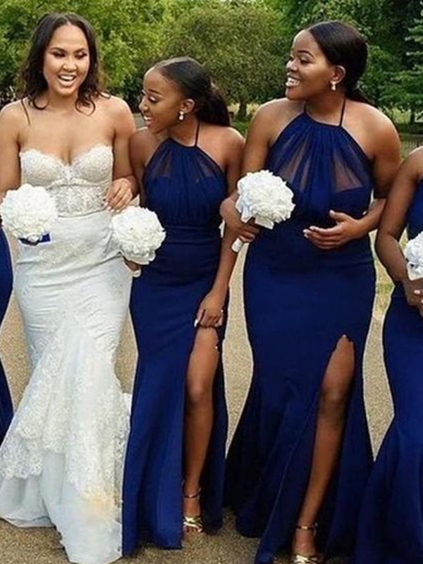 Trumpet/Mermaid Stretch Crepe Ruched Halter Sleeveless Floor-Length Bridesmaid Dresses 3263