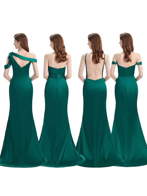 Sheath/Column Off-the-Shoulder Ruched Sleeveless Sweep/Brush Train Bridesmaid Dresses 2981