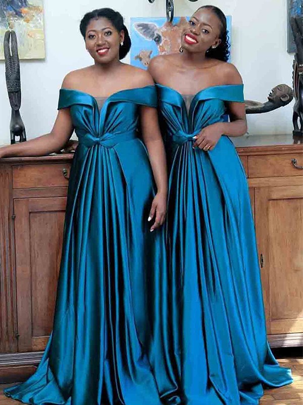 A-Line/Princess Silk like Satin Ruffles Off-the-Shoulder Sleeveless Sweep/Brush Train Bridesmaid Dresses 2483