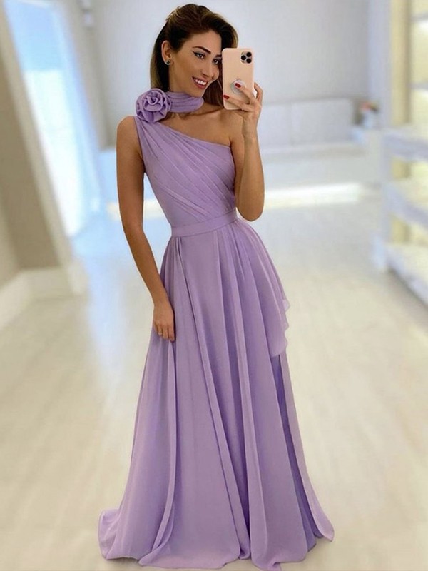 A-Line/Princess Chiffon Ruffles One-Shoulder Sleeveless Sweep/Brush Train Bridesmaid Dresses 2206