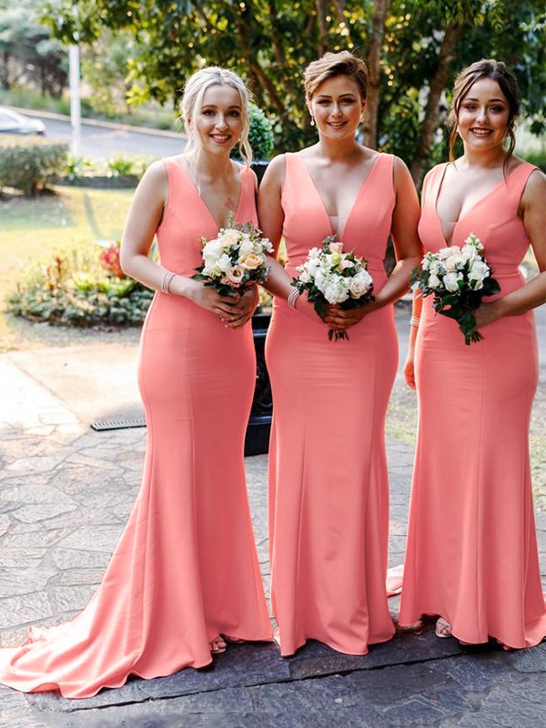 Sheath/Column Stretch Crepe Ruched V-neck Sleeveless Sweep/Brush Train Bridesmaid Dresses 3187