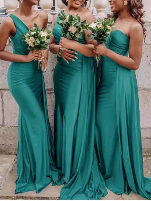 Sheath/Column Jersey Ruched One-Shoulder Sleeveless Sweep/Brush Train Bridesmaid Dresses 2964