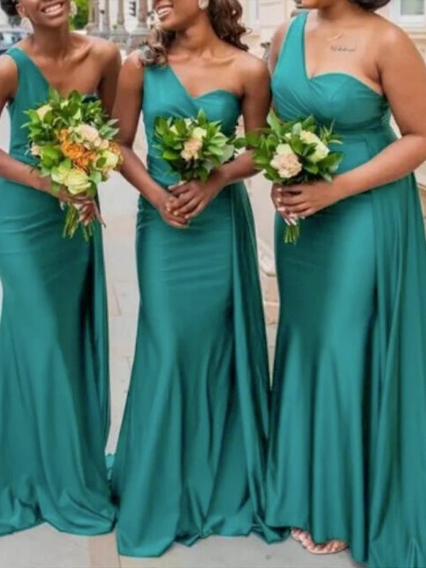 Sheath/Column Jersey Ruched One-Shoulder Sleeveless Sweep/Brush Train Bridesmaid Dresses 2964