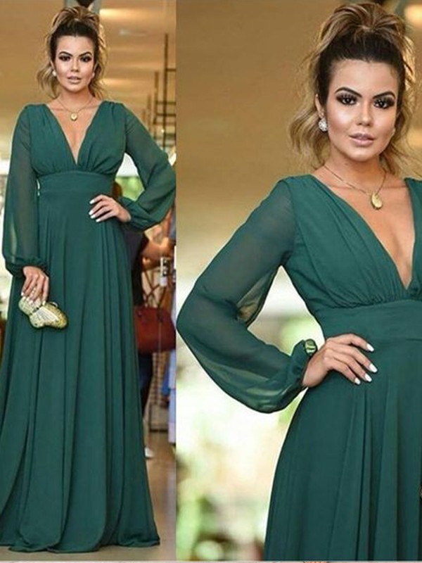 A-Line/Princess Chiffon Ruffles V-neck Long Sleeves Sweep/Brush Train Bridesmaid Dresses 2220