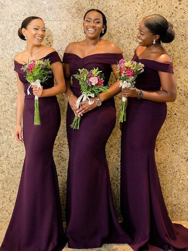 Sheath/Column Stretch Crepe Ruched Off-the-Shoulder Sleeveless Sweep/Brush Train Bridesmaid Dresses 3162