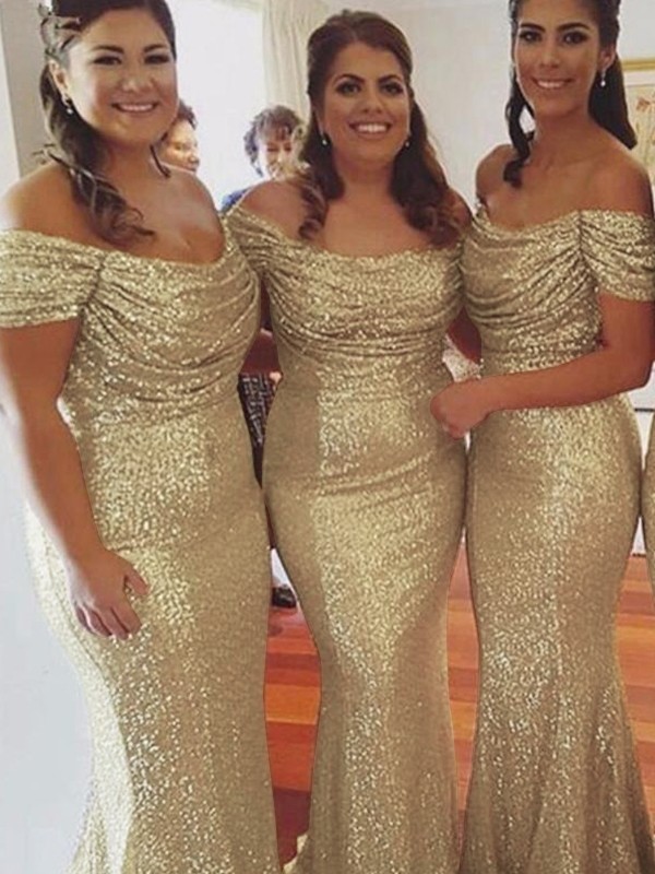 Sheath/Column Sequins Ruched Off-the-Shoulder Sleeveless Sweep/Brush Train Bridesmaid Dresses 3040