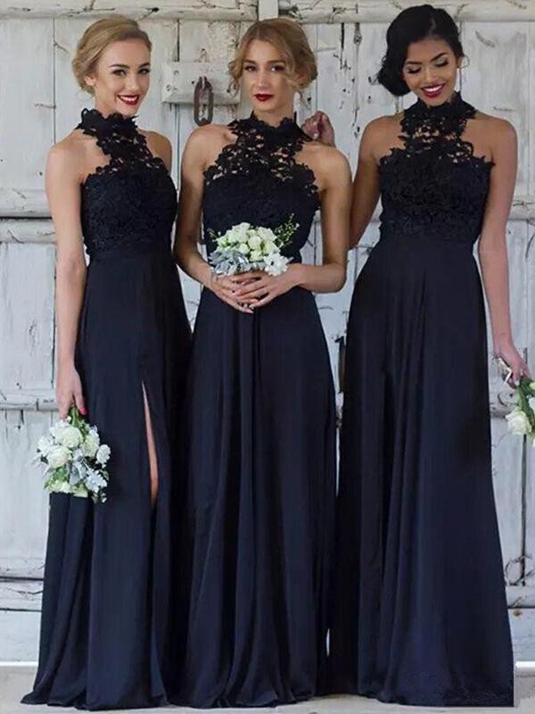 A-Line/Princess Chiffon Lace Halter Sleeveless Floor-Length Bridesmaid Dresses 2139