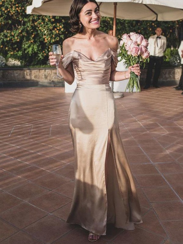 Sheath/Column Silk like Satin Ruched Off-the-Shoulder Sleeveless Floor-Length Bridesmaid Dresses 3057