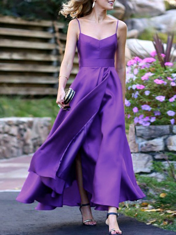 A-Line/Princess Satin Ruffles Spaghetti Straps Sleeveless Ankle-Length Bridesmaid Dresses 2433