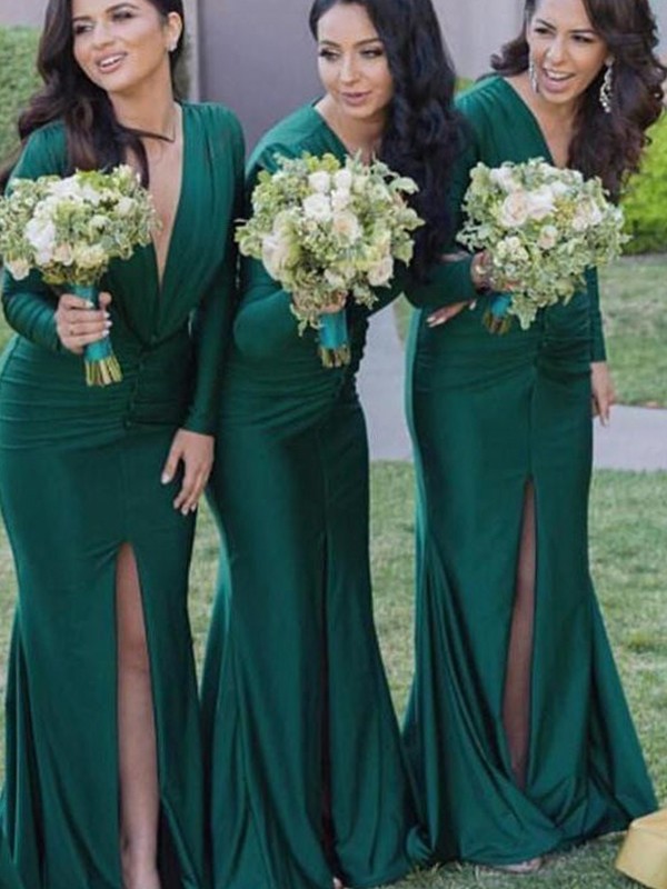 Sheath/Column Jersey Ruched V-neck Long Sleeves Sweep/Brush Train Bridesmaid Dresses 3028