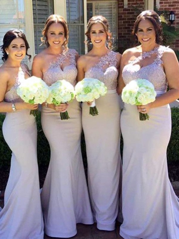 Sheath/Column Stretch Crepe Lace One-Shoulder Sleeveless Sweep/Brush Train Bridesmaid Dresses 3152