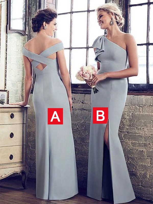 Sheath/Column Stretch Crepe Ruffles One-Shoulder Sleeveless Floor-Length Bridesmaid Dresses 3191