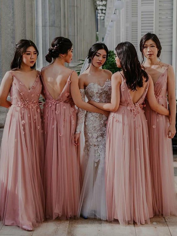 A-Line/Princess Tulle Applique V-neck Sleeveless Floor-Length Bridesmaid Dresses 2759