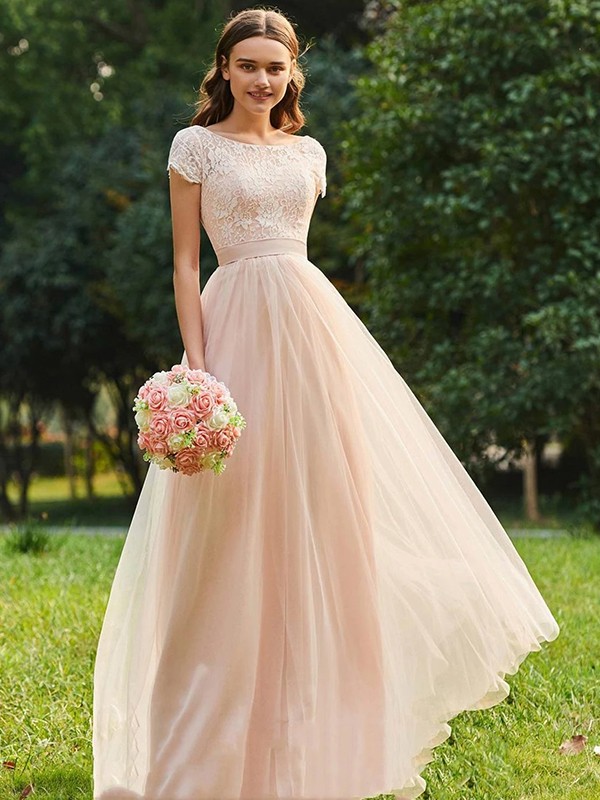 A-Line/Princess Tulle Lace Scoop Short Sleeves Floor-Length Bridesmaid Dresses 2760